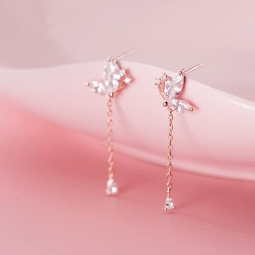 Clear Cubic Zirconia Butterfly Wings Earrings 925 Sterling Silver Short Tassel Insect Earrings For Lady Girl Daughter Charm Jewe