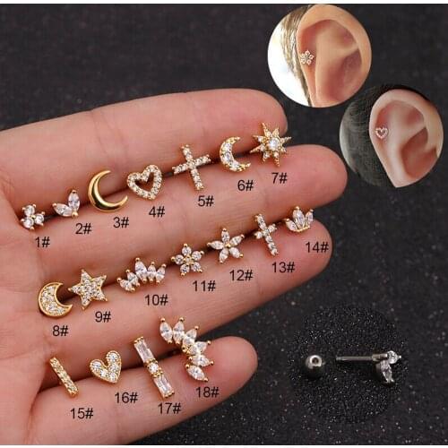 New Fashion Gold Color CZ Stud Piercing Moon Star Cartilage Earring Tragus Stud Helix Cartilage Piercing Jewelry Gift