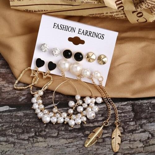 6Pairs/Set Gold Color Irregular Heart Big Circle Simulated Pearl Earrings Set For Women Geometric Feather Tassel Earings Jewelry