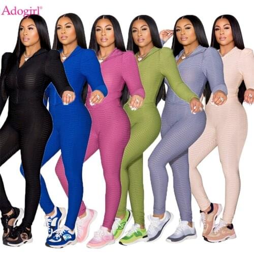 Adogirl Jacquard Solid Women Tracksuit Zipper Long Puff Sleeve Jacket Top Leggings Pants Casual Sport Two Piece Set Fitness Suit