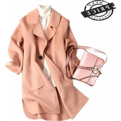 Warm Casaco Feminino 2021 100% Wool Coat Womens Overcoat Medium-Long Pink Winter Jacket Outerwear Abrigos Mujer CJ31a