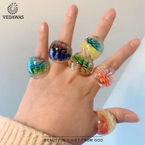 Vedawas Boho Fashion Two-tone Glass Flower Rings for Women Korean Rainbow Cute Simple Engagement Rings Jewelry Party Wholesale