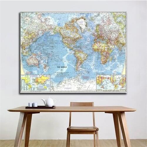 Vintage World Map Posters and Prints Wall Sticker Classic Edition Physical World Map Painting for School Office Home Supplies