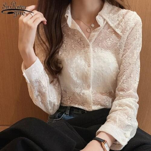 Spring Lace Bottoming Shirt 2021 New Fashion Chic Floral Embroidery White Blouse Women Long Sleeve Lapel Korean Hollow Top 13125