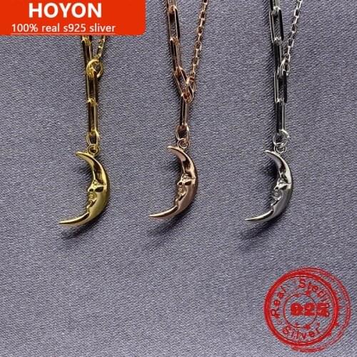 S925 Sterling Silver Rose Gold Face Moon Star Necklace Pendant For Women Design Simple Clavicle Chain Wedding Fine Jewelry Gift