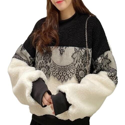 2020 Autumn And Winter Lamb Velvet Stitching Lace Plus Velvet Thickening Women Sweatshirt Comfortable And Warm Ladies Pullover