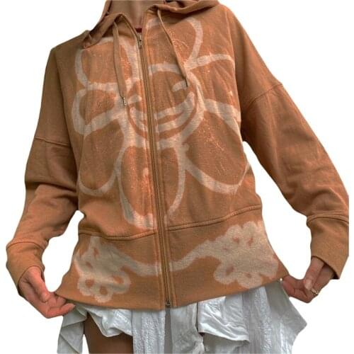 Floral Print Zip-up Long Sleeve Coat Jacket Autumn Vintage Women Oversized Hoodies Y2K Fairy Grunge Sweatshirt Streetwear