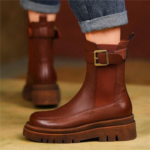 Military Creepers Women Genuine Leather Round Toe Ankle Boots Mid Heels Chunky Buckle Shoe Goth Party 34 35 36 37 38 39