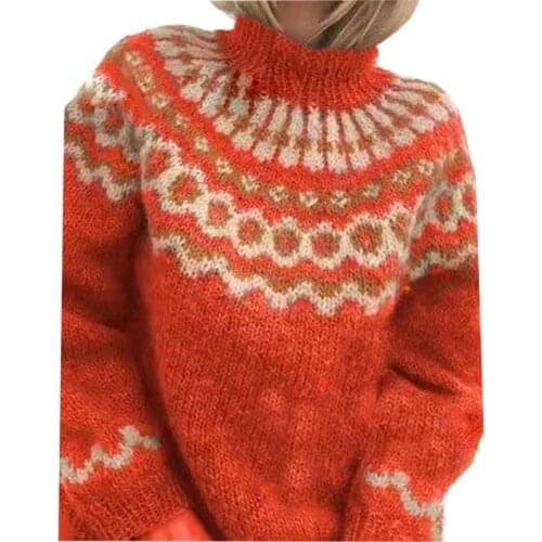 Ele-Choices Women Turtle Neck Autumn Jacquard Weave Long Sleeve Jumper Pullover Knit Sweater