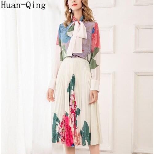 High end Summer OL 2 Piece Set Runway Women Vintage Print Lace-up Bow Blouse Tops + Print Pleate Long Skirt Two Piece Set Suit