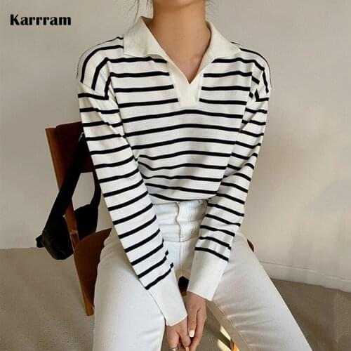 Karrram Casual Turn-down Collar Striped Women Sweaters 2021 Autumn Sweater Long Sleeve Loose Female Knitted Pullovers Tops
