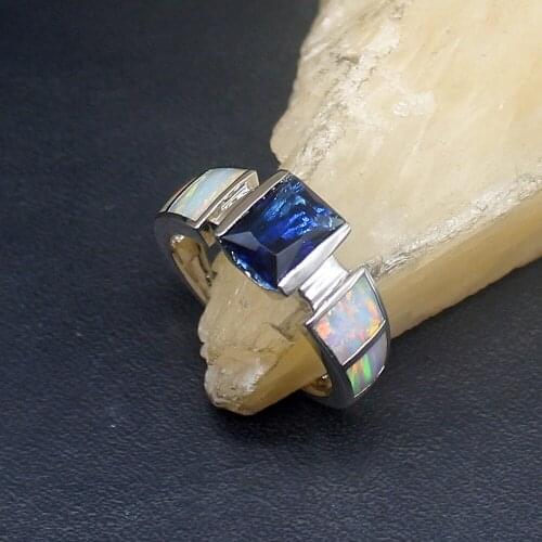 Hermosa White Opal Fashion Blue Sapphire Genuine 925 Silver Band Ring Wedding Engagement Gifts for Women Size 7# 20214343