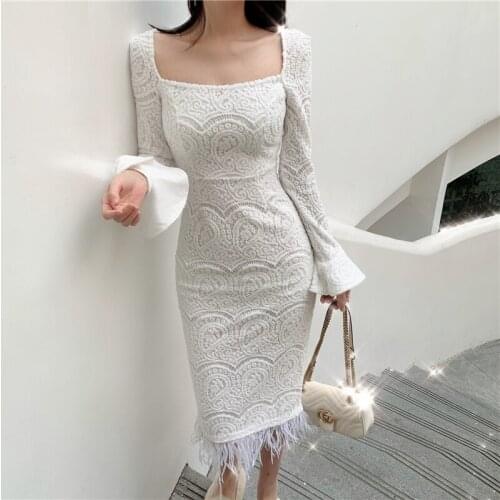 2020 new Feathers Women Square Collar Flare Long Sleeve High Waist Slim Lace Dresse