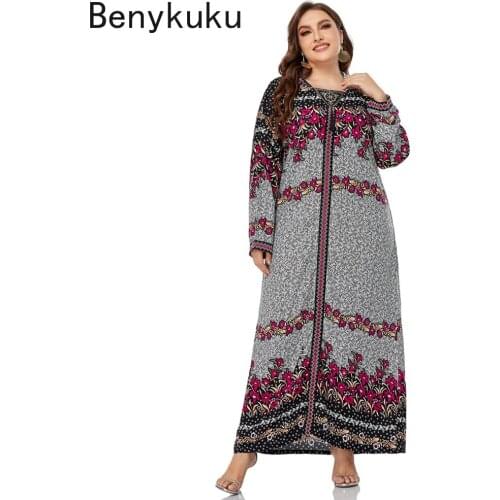 Women Autumn Hooded Long Sleeve Plus Size Maxi Dress 2021 Fashion Muslim Dubai Robe Floral Print Loose Casual Big Size Dress