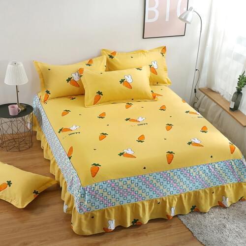 100% Cotton 3pcs Bed Skirt Pillowcase Fruits Cartoon Sheet Set Single Double Queen King Bed Skirt Pillow Shams Carrot Bedclothes