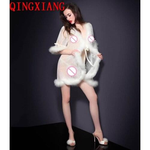 2021 Short Sleeves Women White Sleeping Wear Lace With Fur Patchwork Night Dress Transparent Sexy Lingerie Sleeping Gown