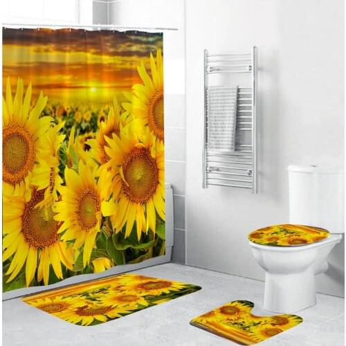 4PCS Non Slip Sunflower Pattern Shower Curtain Toilet Polyester Cover Mat Set Waterproof Bathroom Shower Curtains T132