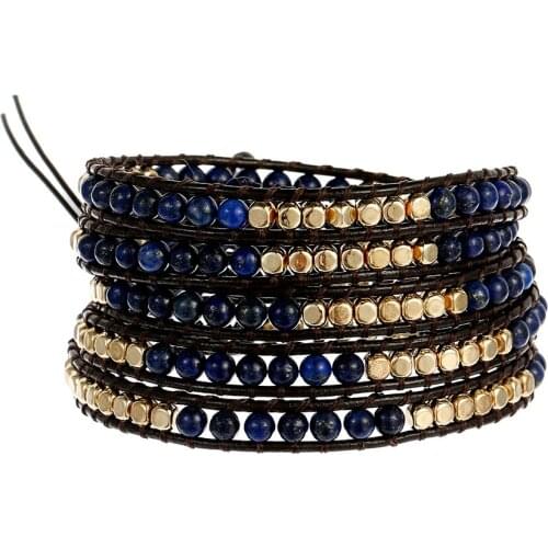 5 Layers Lapis Lazuli Leather Wrap Bracelets for Women Natural Stone Geometric Copper Beads Bracelet Boho Handmade Jewelry Gift