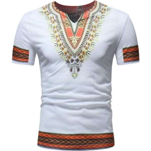 African Dashiki Print Tshirt Mens Short Sleeve V Neck African Clothes Streetwear Casual Tops Tees Traditional African Clothing