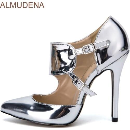 ALMUDENA Pointed Toe Shiny Silver Mirror Leather Dress Pumps Irregular Cut Party Shoes Pointed Toe Buckle Strap Hollow Out Shoes