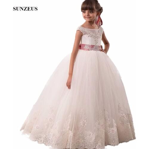 Ball Gown Cap Sleeve Puffy Flower Girl Dresses For Weddings Floor Length Long Kid Party Gowns With Appliques Bow FLG084