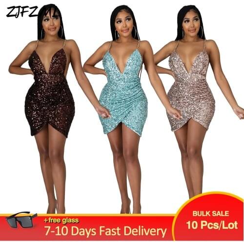 Bulk Items Wholesale Lots Womens Sequin Dress Elegant Sparkly Sequin Spliced Cleavage Vestidos Classy Club Partywear Dresses