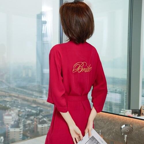 Burgundy Bridal Wedding Robe Gown Womens Lounge Letter Kimono Bathrobe Bridesmaids Faux Silk Nightgown Sleepwear Home Dress