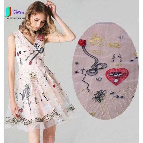 Eyes,Spider,Red Heart,Sun Pattern Embroidery Fabric,Light Color Style Baby Women Skirt,Fashion Clothes Tulle Fabric S0256L
