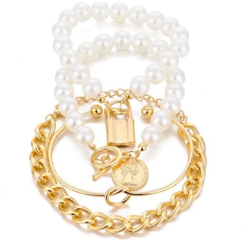 Imitation Pearls Chain Lock Charm Coin Bracelets for Women Gold Color 2021 Fashion Jewelry 4 Pcs/Set Bracelet Female Hand Chains