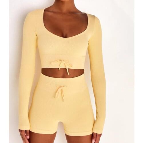 Workout Set Women Long Sleeve Tops Sport Shorts 2 Pieces Sets Sport Fitness Gym Suits