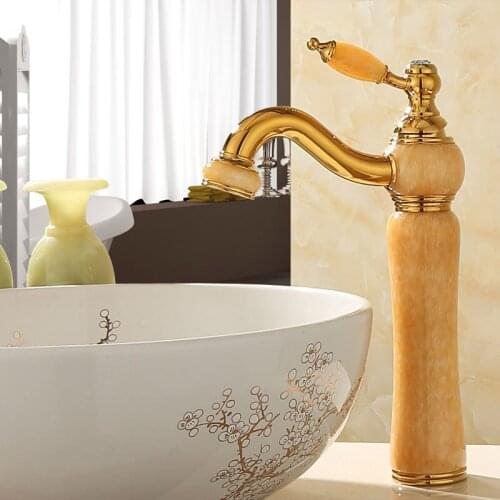Basin Faucet Brass Sink Mixer Tap Bathroom Hot & Cold Faucet Single Handle Jade Body Luxury Lavatory Crane Tap Gold Finished