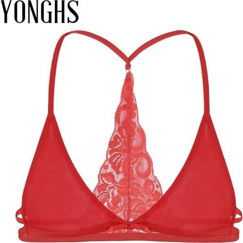 Mens Erotic Lingerie Sissy Bra Mesh See Through Sheer Hot Bra Top Lace Y-shape Back Wire-free Unlined Triangle Bralette Bra Top