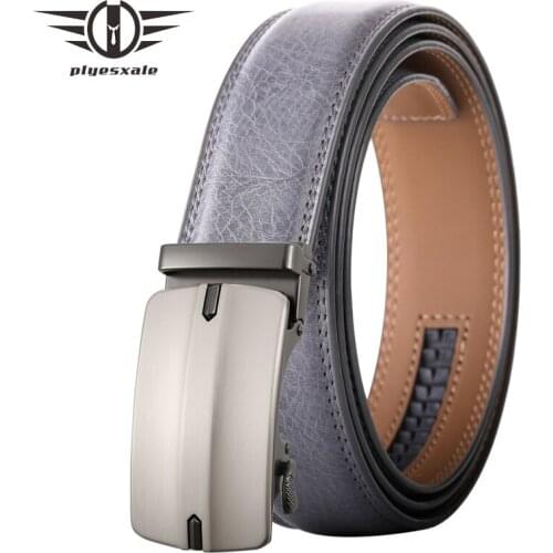 Plyesxale High Quality Mens Belt Genuine Leather White Gray Cowhide Metal Automatic Buckle Fashion Male Trouser Belts B654