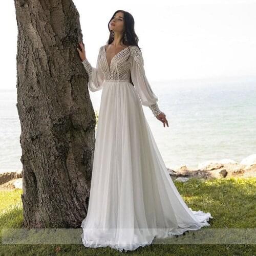 Beach Chiffon A Line Wedding Dresses 2021 Puff Sleeve Lace V Neck Bridal Gown Vestido De Novia Boho Wedding Party Gown Customize
