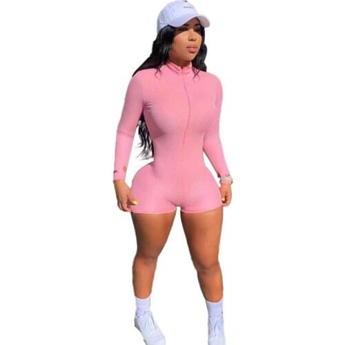 JRRY Women Ribbed Jumpsuit Zippers Ribbed Bodysuit Long Sleeve Short Pants Ribbed Jumpsuit Elastic Raised Lines Pattern Jumpsuit