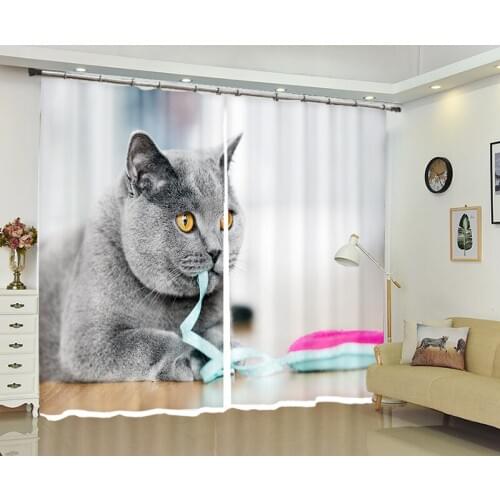 Grey cat print Luxury Blackout 3D Window Curtain Living Room kids Bedroom Cortina Drapes Rideaux Customized size pillowcase