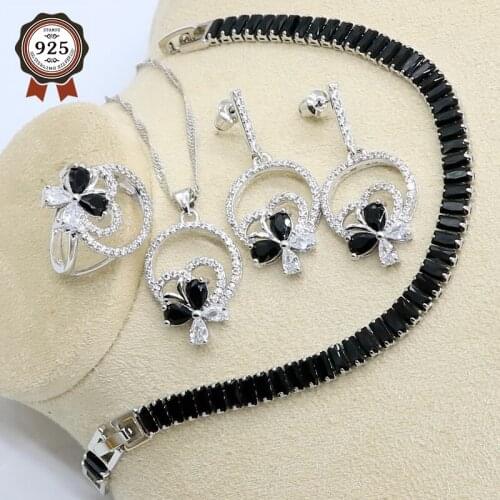 Classic Silver Color Jewelry Set for Women Black White Zircon Bracelet Earrings Necklace Pendant Ring Wedding Birthday Gift