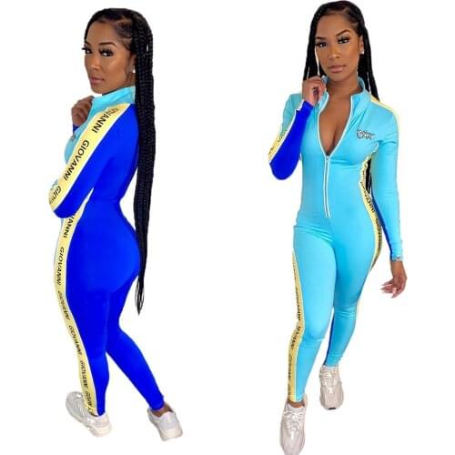 Ribbed Turtleneck Sport Wear Casual Jumpsuit Women Striped Embroidery Skinny Sexy Playsuit Female Fitness Rompers Overalls