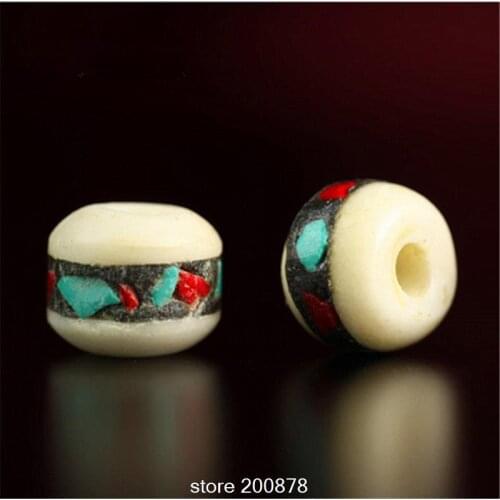 TSB0331 Tibetan Jewelry Hand Beads White Yak Bone inlaid Colorful stone Beads 8/10mm Tibet Prayer Mala Loose beads 50beads lot