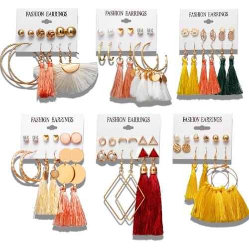 Vintage Tassel Acrylic Earrings Ear Studs For Women Girl Bohemian Earrings Set Big Dangle Pearl Dro Earring Jewelry Gift