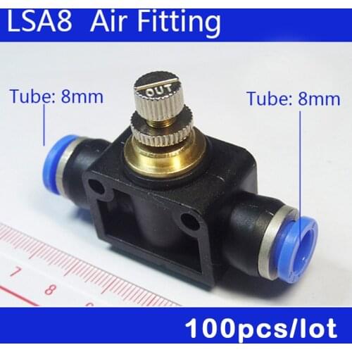 HIGH QUALITY 100Pcs 8mm to 8mm Push In Quick Connector Air Pneumatic Speed Controller LSA8