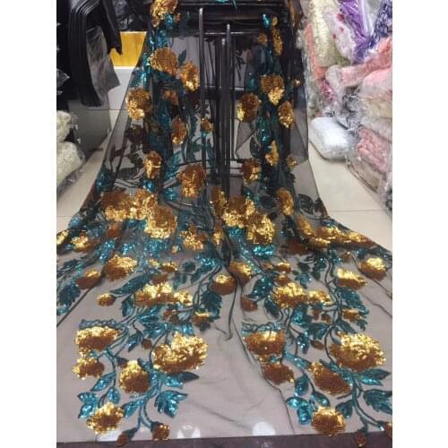 High Quality African Lace Fabrics Gold Color Nice French Embroidery Sequins Tulle Lace Fabric For Nigerian Party Dress M32281