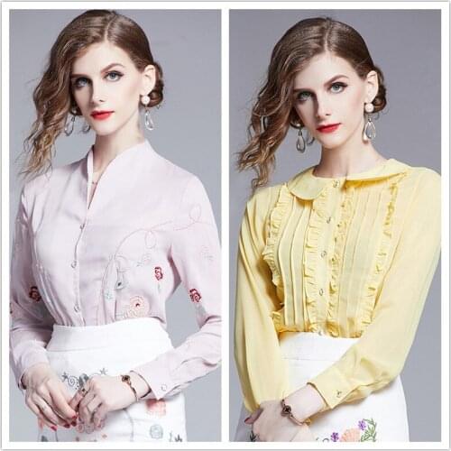 2019 fashion tops for women fall long sleeve blouses good quality business lady ruffles embroidered designer shirt