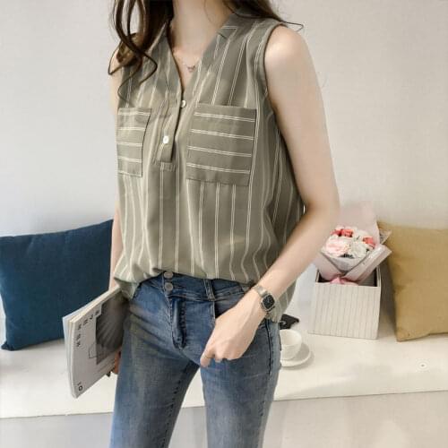 New Design Women Spring Summer Style Chiffon Blouses Shirts Lady Casual Sleeveless V-Neck Striped Blusas Tops DD1892