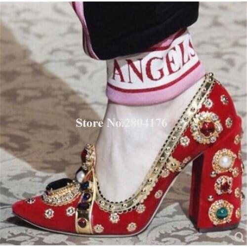Brand Design Women Fashion Round Toe Diamond Rhinestone Chunky Heel Pumps Fashion Gemstone Thick Crystal High Heels Party Shoes