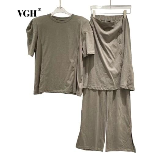 VGH Casual Khaki Two Piece Set For Women O Neck Short Sleeve T Shirts High Waist Irregular Midi Skirts Loose Sets Female Fashion
