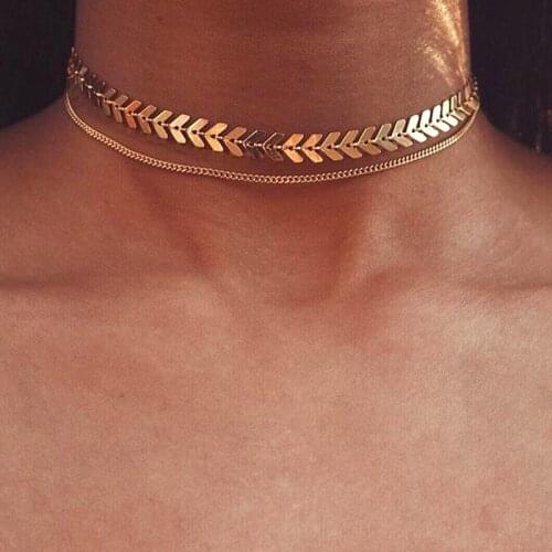 2019 New Chain Choker Two Layers Necklaces Fishbone Airplane Shape Gold Color Necklace Flat Chain jewelry