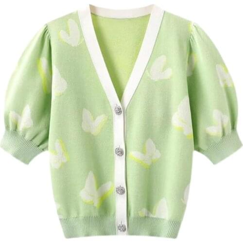 2021 summer new slim ice silk knitted butterfly V-neck short sleeve sweater cardigan jacket women cardigans women Casual