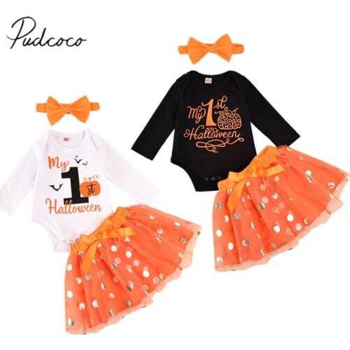 Infant Newborn Baby Girls Halloween clothes Sets Long Sleeve Bodysuits Dots Chiffon Lace Skirts Headband Festival 3Pcs Sets
