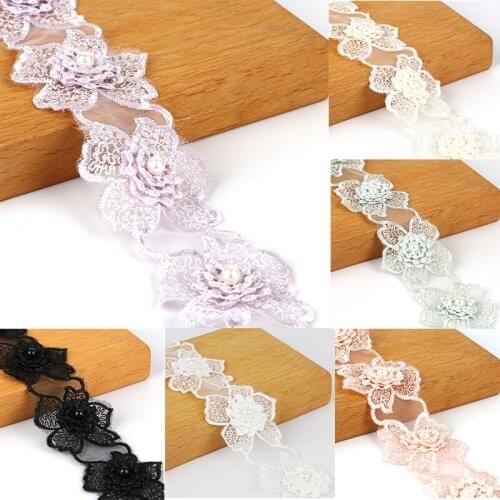 4.5cm 1 yards Pearl Flower Leaf Handmade Beaded Embroidered Lace Trim Ribbon Applique Wedding DIY Garment Sewing Accessories